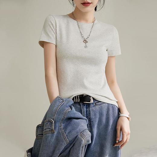 热辣美式修身圆领高弹短袖棉T恤女2024春夏新款纯色套头内搭上衣 商品图3