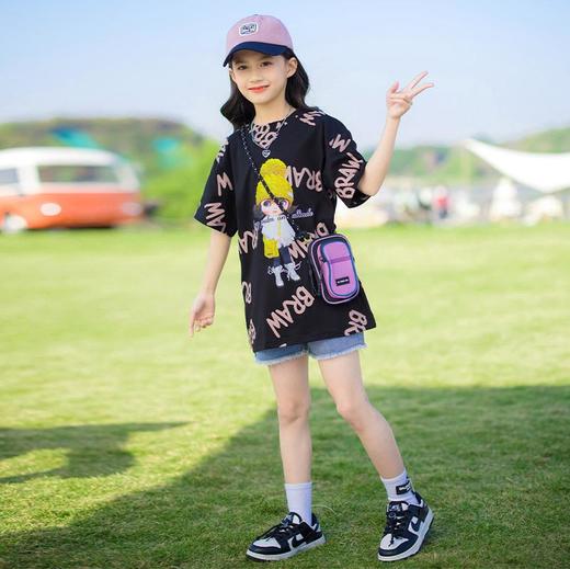 女童夏装套装2024新款短袖t恤涂鸦中大童宽松版型夏季中长款T 商品图1