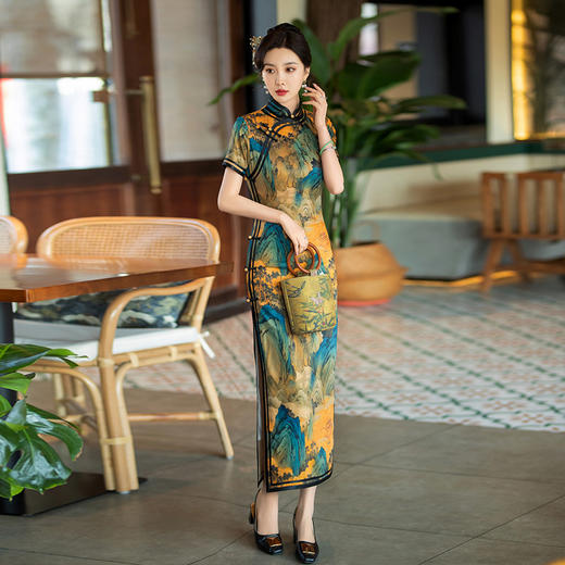 2024年新款旗袍女春秋款复古修身礼服新中式妈妈旗袍三分袖旗袍 商品图0