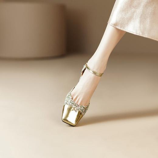 【预售5天】小香风方头粗跟包头凉鞋，法式真皮拼色中跟玛丽珍一字带高跟鞋SLK&Y320 商品图4