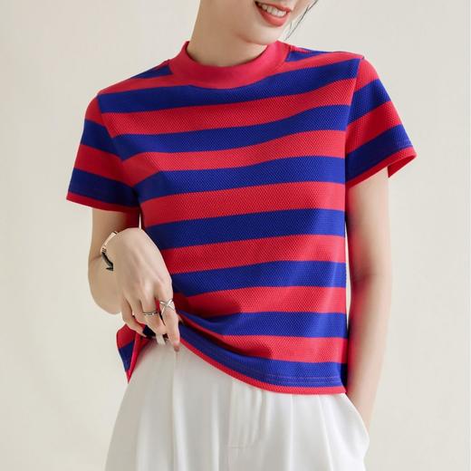 韩系多巴胺肌理感圆领短袖棉T恤女2024春夏新款条纹撞色小众上衣 商品图1