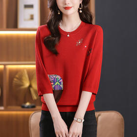 CC10-5128春装2024新款七分袖上衣冰丝针织衫百搭宽松大码印花夏天t恤