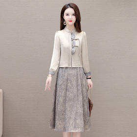 国风洋气，长袖外套印花长款百褶拼接内搭两件套QYM-XYKL-28077-L