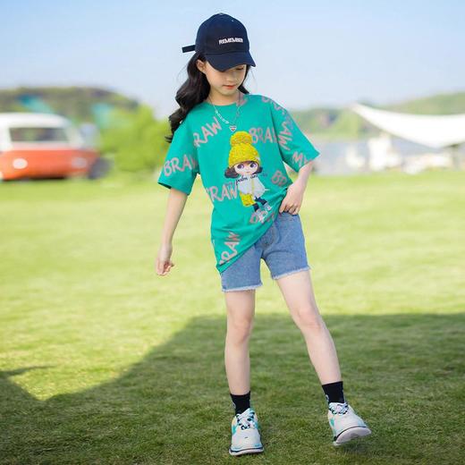 女童夏装套装2024新款短袖t恤涂鸦中大童宽松版型夏季中长款T 商品图2