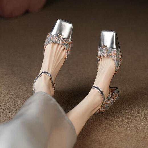 【预售5天】小香风方头粗跟包头凉鞋，法式真皮拼色中跟玛丽珍一字带高跟鞋SLK&Y320 商品图1