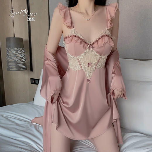 【超美！法式蕾丝家居服套装】舒适到像裸穿，穿上不想脱下来！自带胸垫，免穿内衣文胸，深V低胸睡衣飞袖露背大码珍珠吊带睡裙睡袍情趣 商品图3