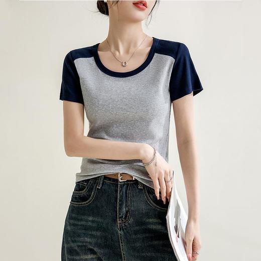 凉感螺纹撞色圆领修身棉T恤女2024春夏新款高弹内搭显瘦上衣 商品图3