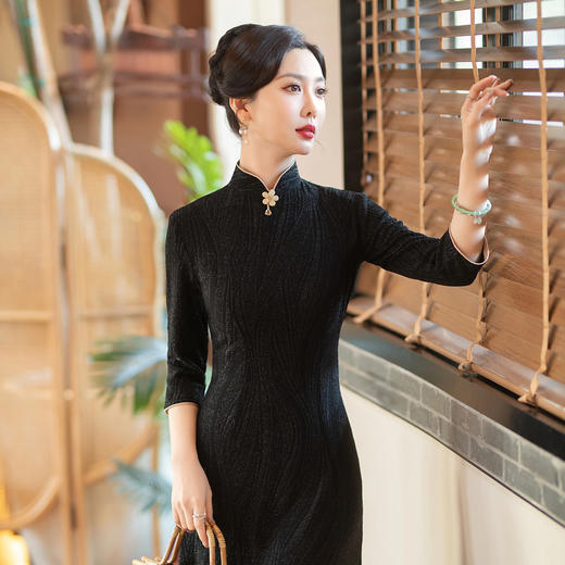 SYG784中式七分袖旗袍女春秋款复古修身礼服2024年新款旗袍 商品图4