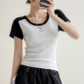 凉感螺纹撞色圆领修身棉T恤女2024春夏新款高弹内搭显瘦上衣
