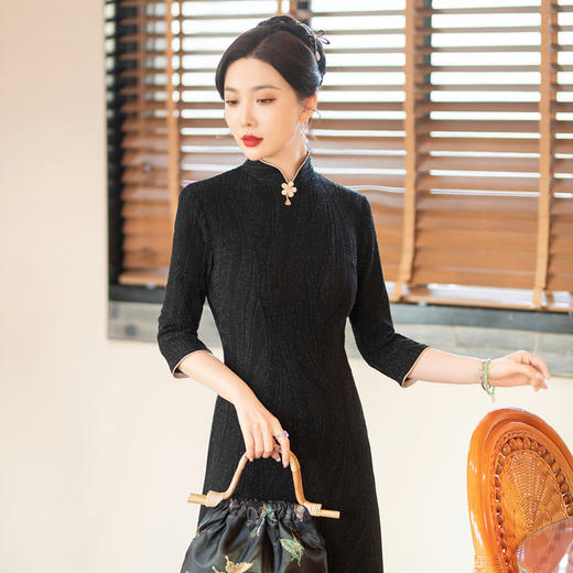 SYG784中式七分袖旗袍女春秋款复古修身礼服2024年新款旗袍 商品图3