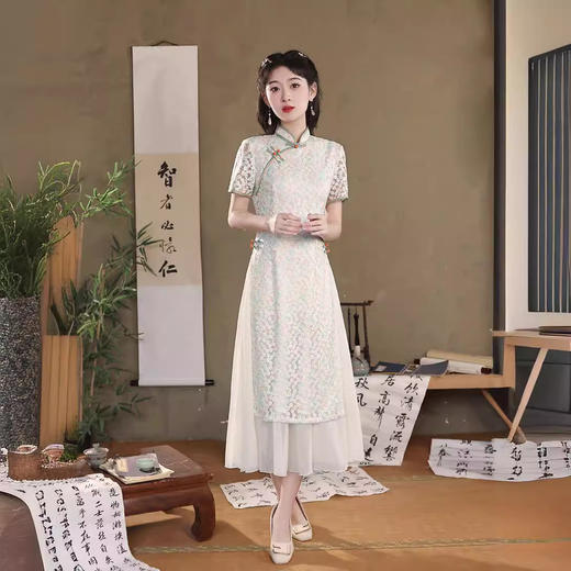 气质蕾丝修身日常，长款奥黛旗袍XL-24103 商品图0