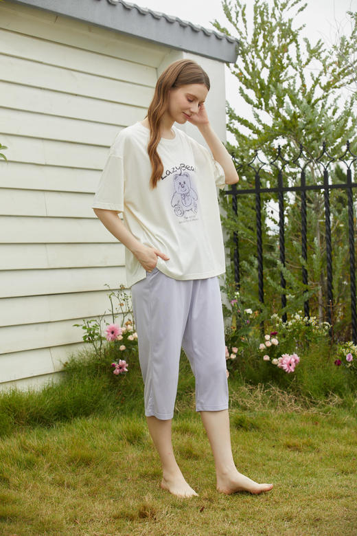 【满2件/99元】【秀黛】女圆领休闲小熊短袖套装女士夏季短袖睡衣家居服L2551043T【门店同款】【如遇缺货自动退款，介意勿拍】 商品图2