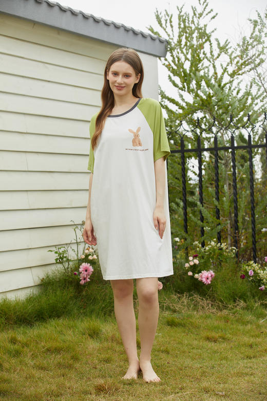 【单件6折/2件5折】【秀黛】女撞色休闲印花短袖裙女士夏季睡裙家居服L2551076T【门店同款】 商品图0