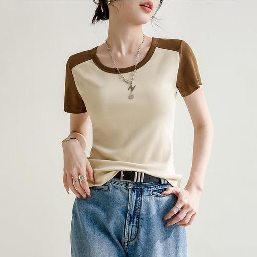 凉感螺纹撞色圆领修身棉T恤女2024春夏新款高弹内搭显瘦上衣 商品图0