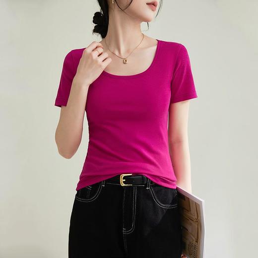 法式方圆领打底高级感高弹棉短袖T恤女2024春夏新款套头修身上衣 商品图1