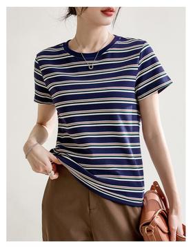 韩系小众圆领肌理感短袖T恤女2024春夏新款正肩修身条纹套头上衣