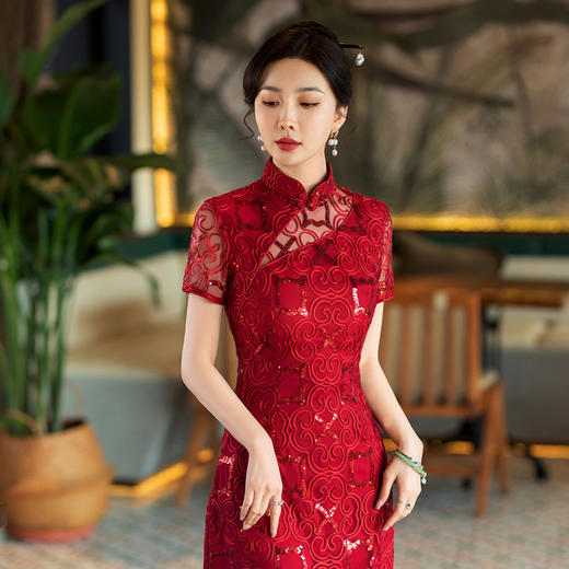 SYG-793礼服新中式旗袍3分袖旗袍女春秋款复古修身2024年新款旗袍 商品图0