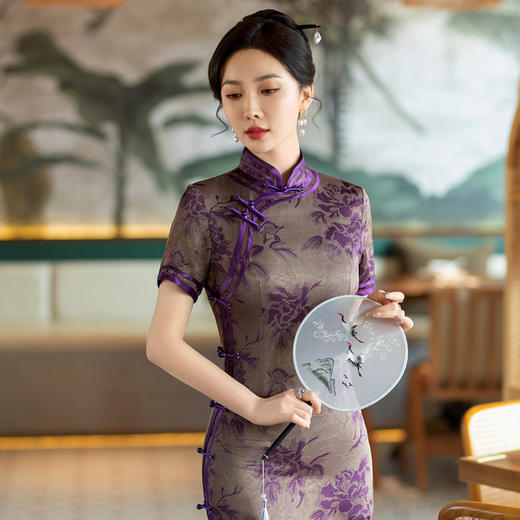 SYG-785新中式日常妈妈三分袖旗袍女春秋款复古2024年新款旗袍修身礼服 商品图1