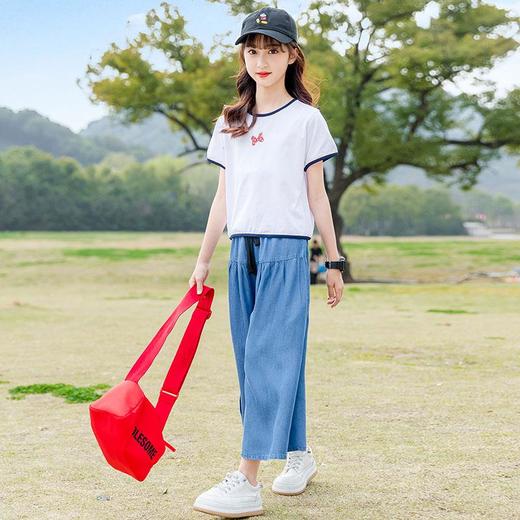 女童夏装套装2024新款韩版儿童装洋气中大童短袖牛仔阔腿裤两件套 商品图2