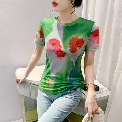 KQL 359H9923印花网纱t恤时尚修身显瘦打底衫 商品图2