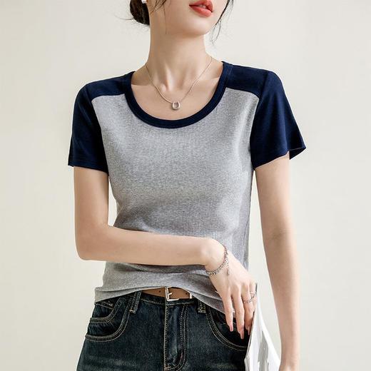 凉感螺纹撞色圆领修身棉T恤女2024春夏新款高弹内搭显瘦上衣 商品图2