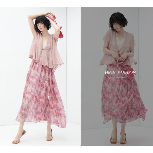 【柔见】COCOBELLA 玫瑰花苞腰绳印花半身裙女夏飘逸大摆雪纺长裙HS125 商品图2