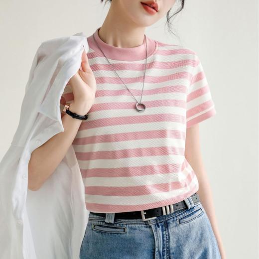 韩系小众圆领肌理感撞色条纹短袖T恤女2024春夏新款设计感上衣 商品图3