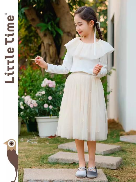 littletime女童荷叶领长袖t恤上衣2024新款春秋款白色法式打底衫 商品图2