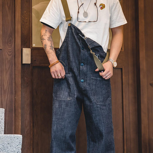 工装优选 美式复古海军甲板背带裤春秋水洗丹宁赤耳直筒牛仔裤男潮 商品图3
