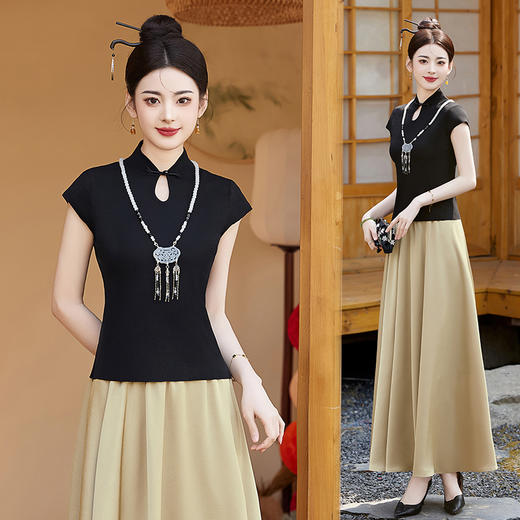 改良新中式，立领盘扣醋酸缎两件套HR-YBER118 商品图0