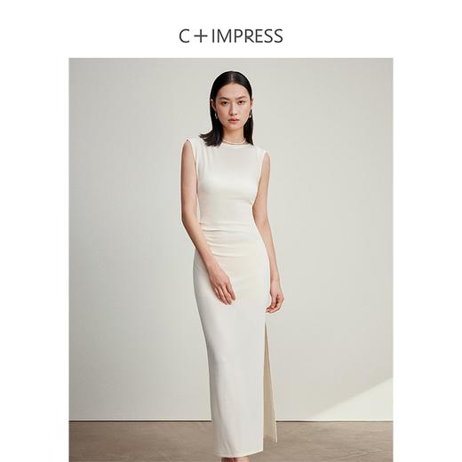 西嘉C+IMPRESS/西嘉水波纹长款名媛连衣裙女气质圆领收腰显瘦褶皱醋酸LYQ2401100 商品图1