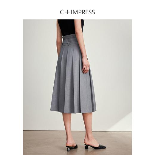 西嘉C+IMPRESS/西嘉格雷系灰色半身裙女高腰不对称压褶改良通勤马面裙BQ2401055 商品图3