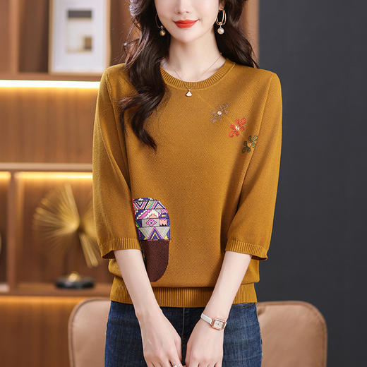 CC10-5128春装2024新款七分袖上衣冰丝针织衫百搭宽松大码印花夏天t恤 商品图1