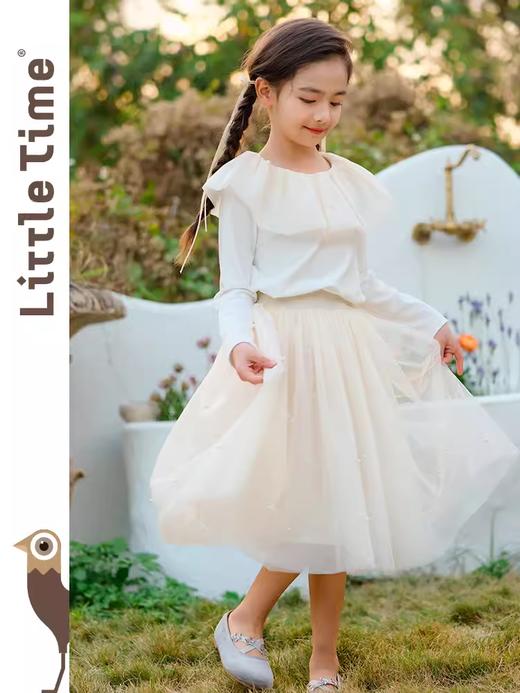 littletime女童荷叶领长袖t恤上衣2024新款春秋款白色法式打底衫 商品图3