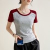 凉感螺纹撞色圆领修身棉T恤女2024春夏新款高弹内搭显瘦上衣 商品缩略图3