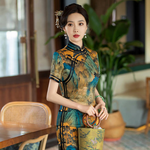 2024年新款旗袍女春秋款复古修身礼服新中式妈妈旗袍三分袖旗袍 商品图3