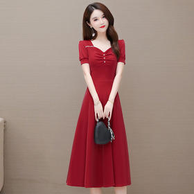 QYMOMS-RA109-L简约长款修身时尚大摆A字裙夏季新款方领短袖通勤气质优雅连衣裙