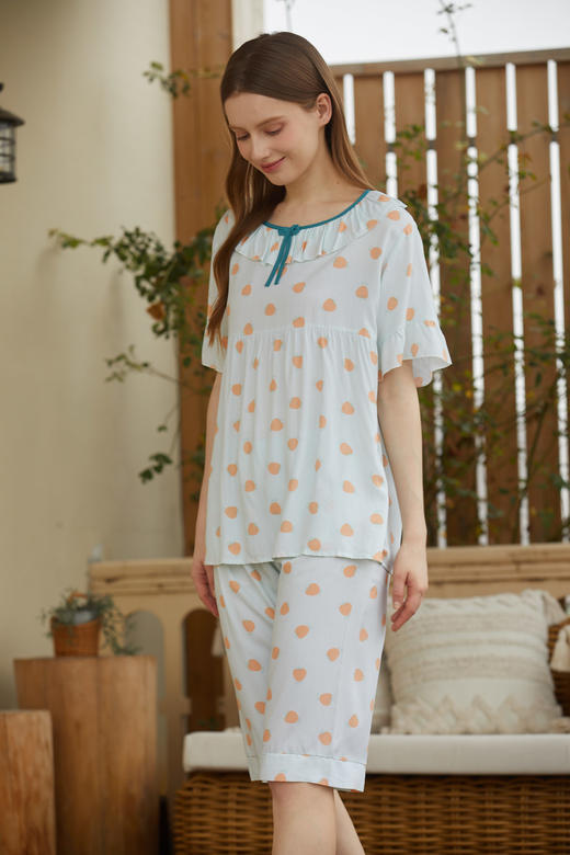 【39元限时秒杀】【秀黛】女荷叶边绵绸短袖套装女士夏季睡衣家居服L2551039T【门店同款】【如遇缺货自动退款，介意勿拍】 商品图2