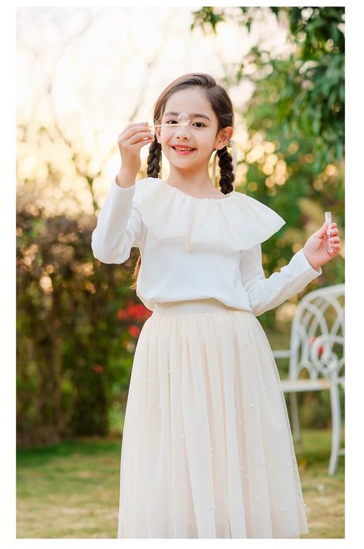 littletime女童轻奢珍珠2024新春款法式小香风荷叶领T恤 商品图4