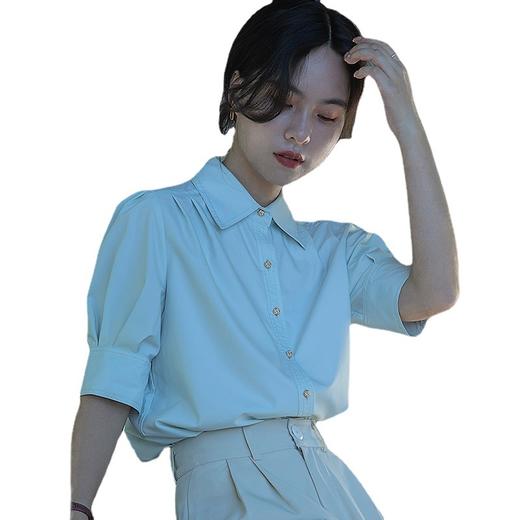 HT-7399法式蓝色短袖泡泡袖衬衫女夏季设计感小众衬衣冷淡系独特别致上衣 商品图4