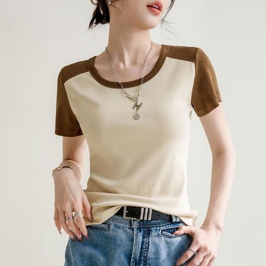 凉感螺纹撞色圆领修身棉T恤女2024春夏新款高弹内搭显瘦上衣 商品图1
