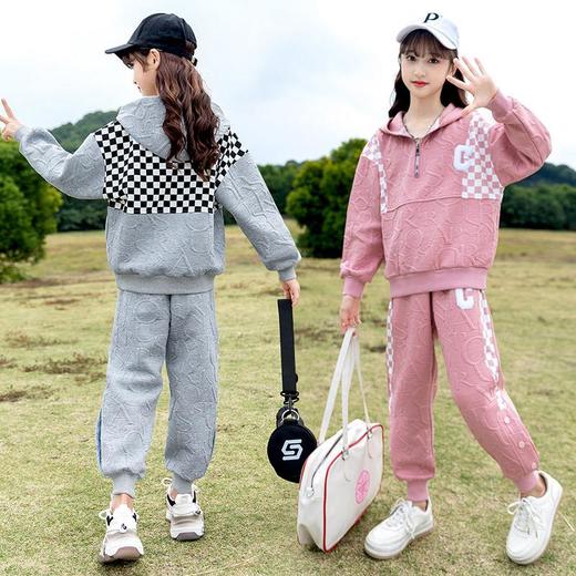 女童春款套装 2024新款洋气中大童儿童春秋女孩棋盘格运动两件套 商品图3