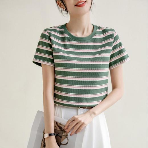 韩系小众圆领肌理感短袖T恤女2024春夏新款正肩修身条纹套头上衣 商品图1