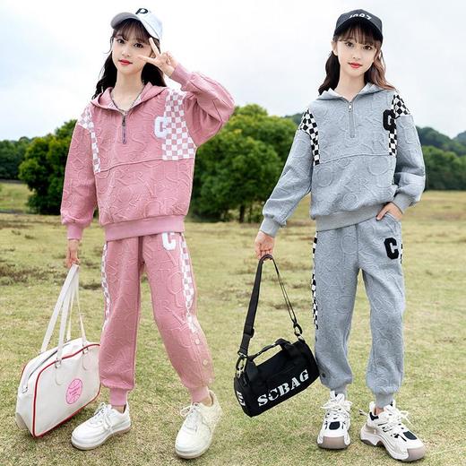 女童春款套装 2024新款洋气中大童儿童春秋女孩棋盘格运动两件套 商品图0