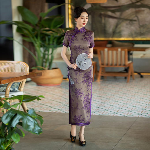 SYG-785新中式日常妈妈三分袖旗袍女春秋款复古2024年新款旗袍修身礼服 商品图0