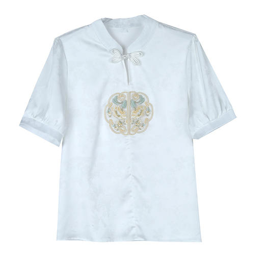 HT-8153新中式刺绣白色衬衫女夏季国风设计感修身泡泡袖衬衣盘扣短袖上衣 商品图4