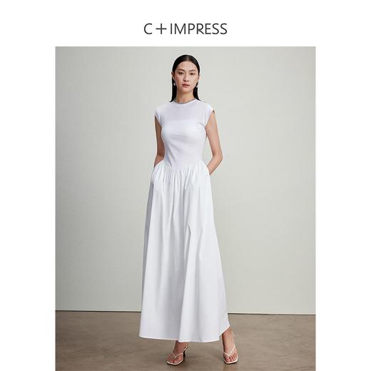 西嘉C+IMPRESS/西嘉高支新疆长绒棉针织拼接防透白色长款连衣裙女春夏LYQ2401093 商品图2