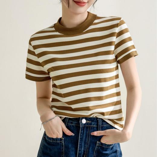 韩系小众圆领肌理感撞色条纹短袖T恤女2024春夏新款设计感上衣 商品图0