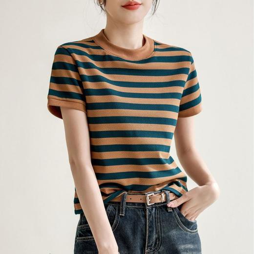 韩系小众圆领肌理感撞色条纹短袖T恤女2024春夏新款设计感上衣 商品图2