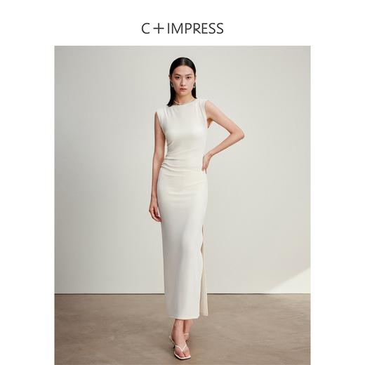 西嘉C+IMPRESS/西嘉水波纹长款名媛连衣裙女气质圆领收腰显瘦褶皱醋酸LYQ2401100 商品图2
